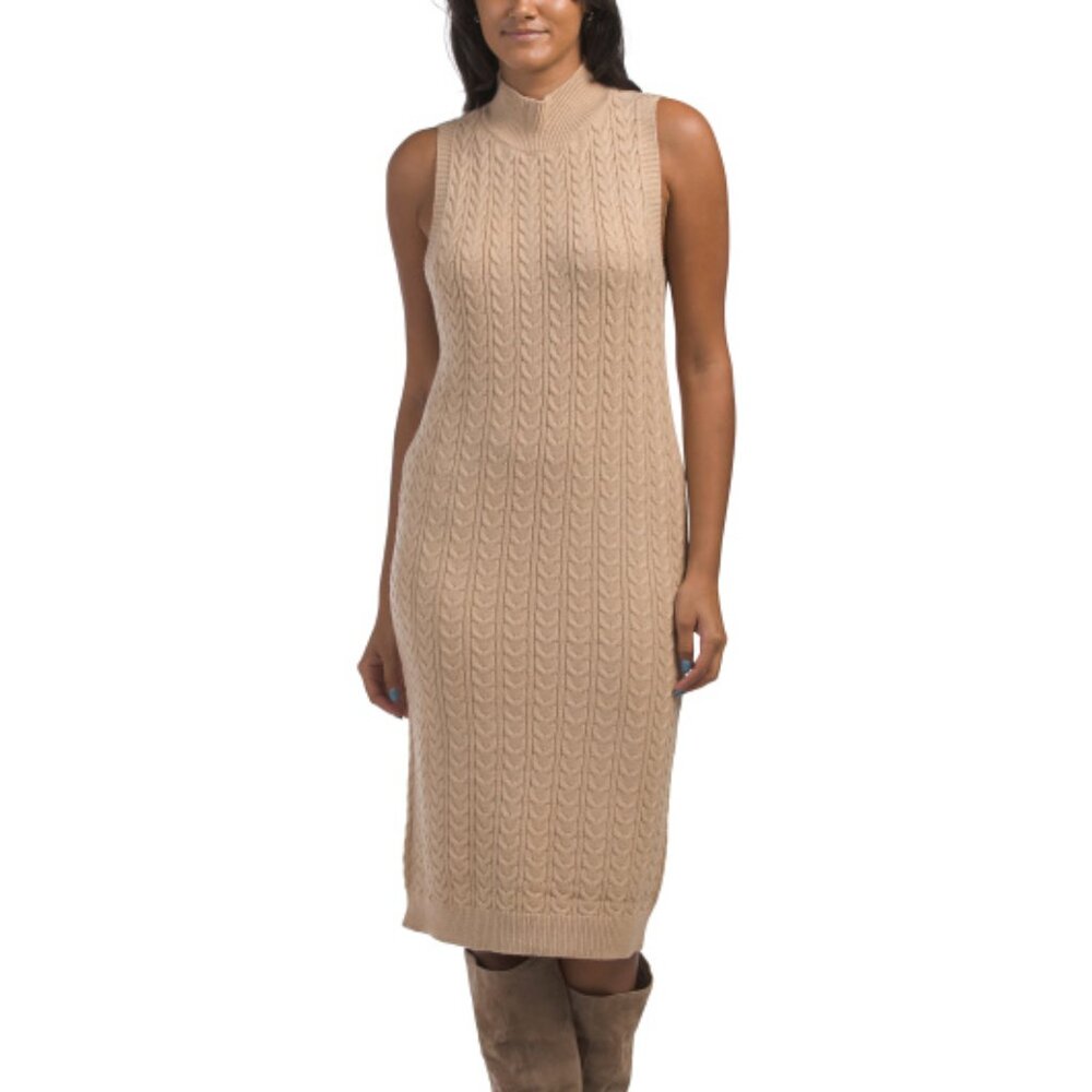 NEW CYRUS Cable Sweater Midi Dress With Long Duster Set tan 663tn - Picture 1 of 3
